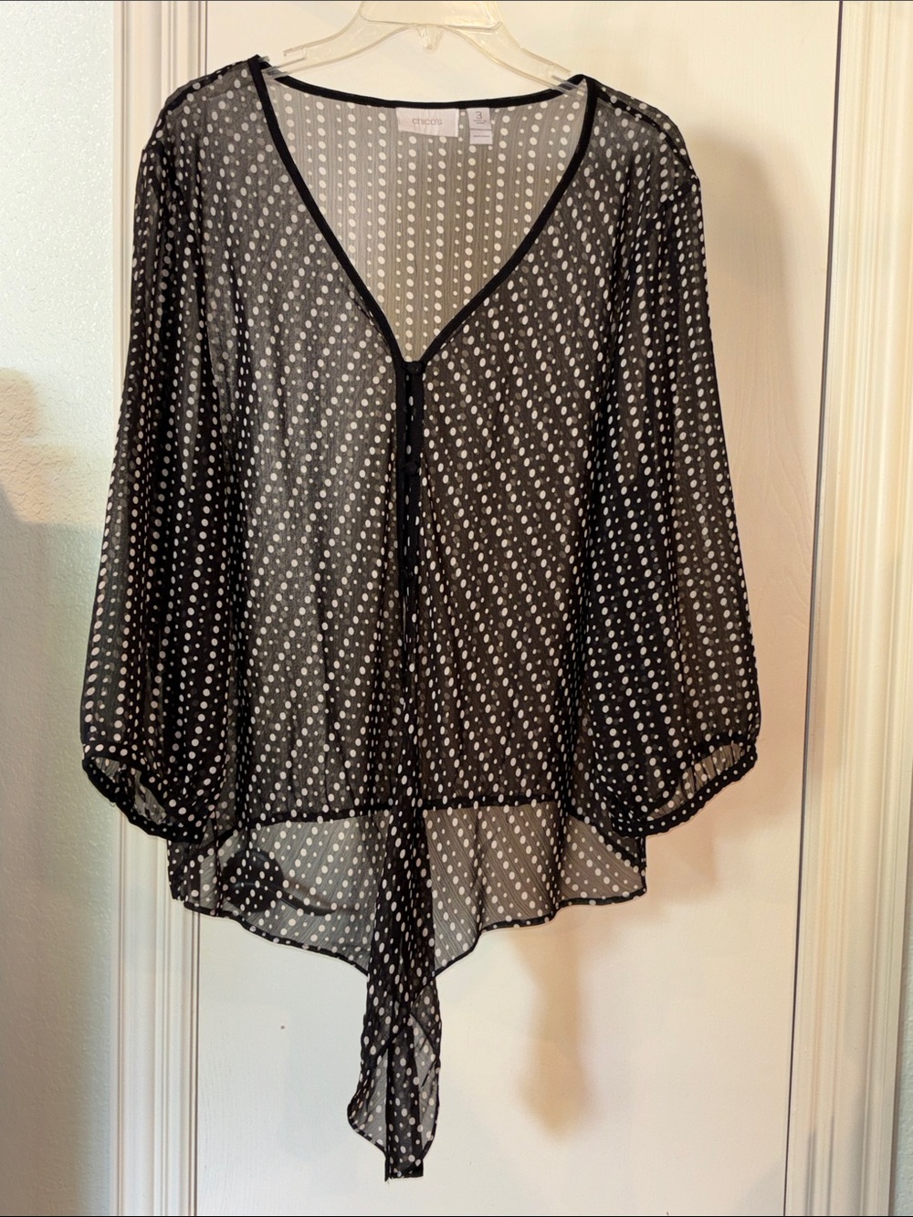 Chico's Black Sheer Polka Dot V-Neck Tie-Front Blouse